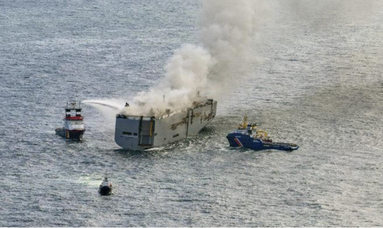 Cargo ship fire still blazing in the North Sea 6 A cargo ship on fire at sea.